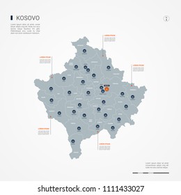 Kosovo map with borders, cities, capital Pristina and administrative divisions. Infographic vector map. Editable layers clearly labeled.