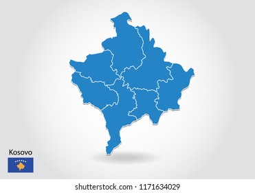 Kosovo map design with 3D style. Blue Kosovo map and National flag. Simple vector map with contour, shape, outline, on white.