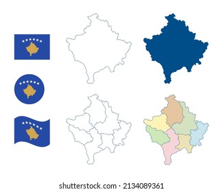 Kosovo map. Detailed blue outline and silhouette. Administrative divisions and districts. Country flag. Set of vector maps. All isolated on white background. Template for design.