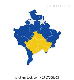 Kosovo map with flag and shadow isolated on white background. Vector illustration EPS10.