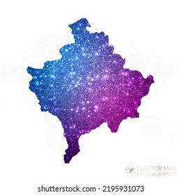 Mapa de Kosovo en azul con alambre geométrico con gradiente de estilo poligonal púrpura sobre fondo blanco. Ilustración vectorial Eps10.