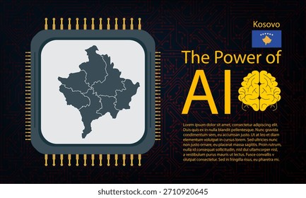 Mapa de Kosovo con guerra de microchips y concepto de IA en placa de circuito, poder de IA con mapa de país. Conectividad global con big data. Diseño para fondos de interfaz de usuario o proyectos FinTech.