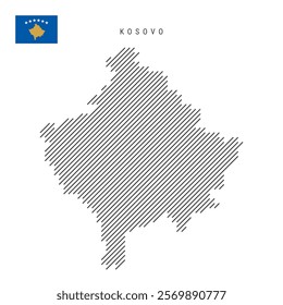 Kosovo map from pattern of black slanted parallel lines. Kosovan map with gray diagonal lines. Silhouette of a country made of oblique hatching. Vector illustration isolated on white.