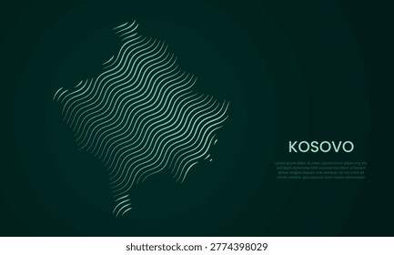 Kosovo map silhouette formed by wavy lines on dark green background