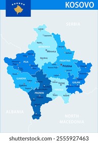 Kosovo Map Vector Blue Spot - Customizable layered political map of Kosovo with administrative divisions for website, education, reports, news, politics, print, poster and wallpaper