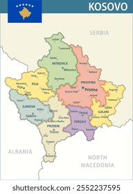 Kosovo Mapa Vetor Novo 2024 Colorido - Personalizável em camadas mapa político do Kosovo com divisões administrativas para site, educação, relatórios, notícias, política, impressão, cartaz e papel de parede