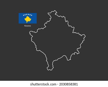 Kosovo map vector thin white line style on the black background and Kosovo flag in this vector.