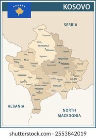 Kosovo Map Vector Vintage Dark Blue Beige - Customizable layered political map of Kosovo with administrative divisions for website, education, reports, news, politics, print, poster and wallpaper