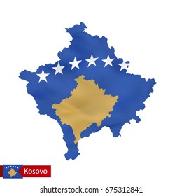 Kosovo map with waving flag of country. Vector illustration.