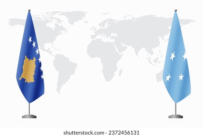 Kosovo and Micronesia flags for official meeting against background of world map.