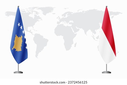 Kosovo and Monaco flags for official meeting against background of world map.