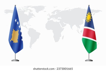 Kosovo and Namibia flags for official meeting against background of world map.
