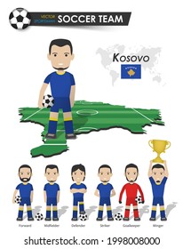 Kosovo national soccer cup team . Football player with sports jersey stand on perspective field country map and world map . Set of footballer positions . Cartoon character flat design . Vector .