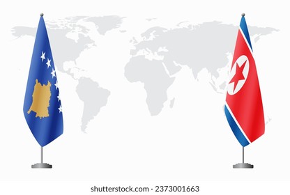 Kosovo and North Korea flags for official meeting against background of world map.