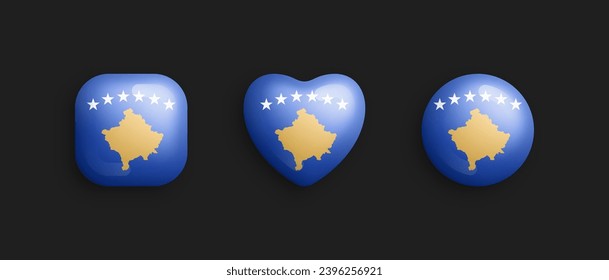 Kosovo Official National Flag 3D Vector Glossy Icons In Rounded Square, Heart And Circle Shape Isolate On Background. Kosovan Sign And Symbols Graphic Design Elements Volumetric Buttons Collection