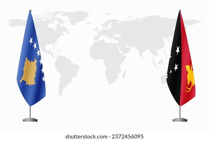 Kosovo and Papua New Guinea flags for official meeting against background of world map.