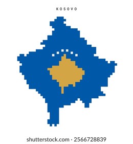 Kosovo pixel flag map icon. 8 bit pixel art Kosovan map covered with flag. Flat vector illustration isolated on white background.