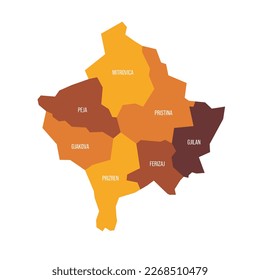 Mapa político de las divisiones administrativas de Kosovo - distritos. Mapa vectorial plano con etiquetas de nombre. Color marrón - naranja.