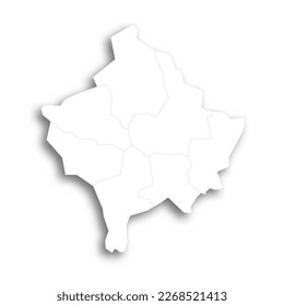 Kosovo political map of administrative divisions - districts. Flat white blank map with thin black outline and dropped shadow.