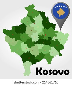 Kosovo political map with green shades and map pointer.