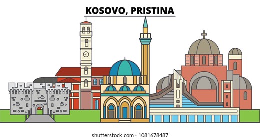 Kosovo, Pristina. City skyline, architecture, buildings, streets, silhouette, landscape, panorama, landmarks. Editable strokes. Flat design line vector illustration concept. Isolated icons