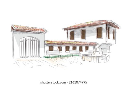 Kosovo, Prizren city. Historical building drawing  League of Prizren, Albanian