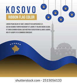 Bandeira de fita Kosovo com decoração e silhueta da Mesquita Imperial