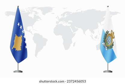 Kosovo and San Marino flags for official meeting against background of world map.