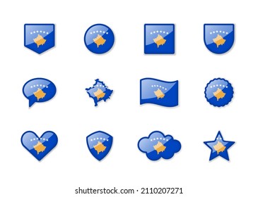 Kosovo - set of shiny flags of different shapes. Vector illustration
