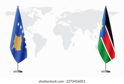 Kosovo and South Sudan flags for official meeting against background of world map.