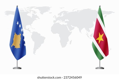 Kosovo and Suriname flags for official meeting against background of world map.