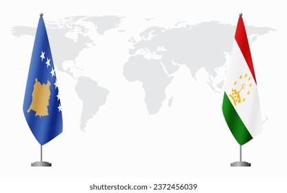 Kosovo and Tajikistan flags for official meeting against background of world map.