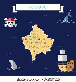 Kosovo treasure map in flat design. Colorful cartoon treasure map of Kosovo with flat design icons of pirate ship and jolly roger. Kosovo flat design vector illustration.