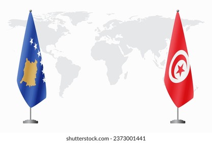Kosovo and Tunisia flags for official meeting against background of world map.