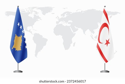 Kosovo and Turkish Republic of Northern Cyprus flags for official meeting against background of world map.