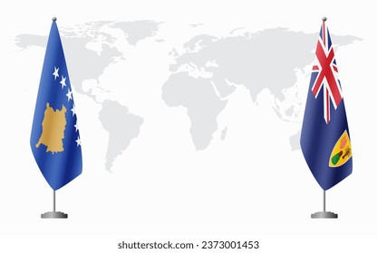 Kosovo and Turks and Caicos flags for official meeting against background of world map.