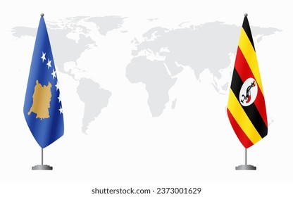 Kosovo and Uganda flags for official meeting against background of world map.