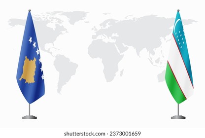 Kosovo and Uzbekistan flags for official meeting against background of world map.