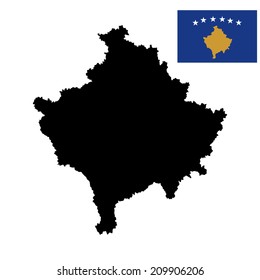 Kosovo vector map silhouette and vector flag high detailed illustration isolated on white background. Serbia territory map. Former Yugoslavia republic. Balkan province.