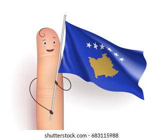 Kosovo wind flag. Finger man with pole in hands. European unrecognized and with unlimited recognition state. Vector realistic illustration on white background
