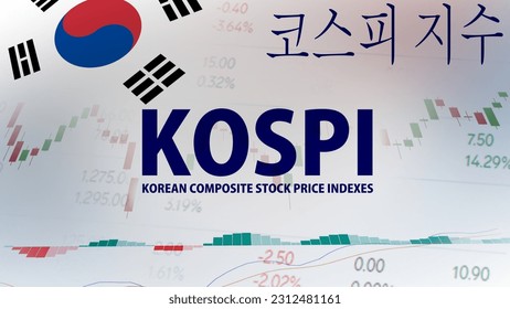 KOSPI, der wichtigste Börsenindex Südkoreas. Candlestick-Muster, Preisnotierung, MACD-Indikator und südkoreanische Flagge. Koreanisches Hangeul-Skript, das als Kospi-Index interpretiert wird.