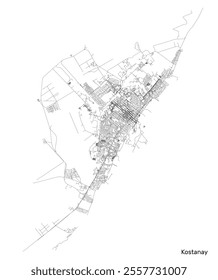 Kostanay city map with roads and streets, Kazakhstan. Vector outline illustration.