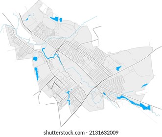 Kostiantynivka, Donetsk Oblast, Ukraine high resolution vector map with city boundaries and outlined paths. White additional outlines for main roads. Many detailes. Blue shapes and lines for water.