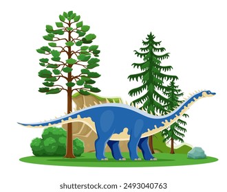 Kotasaurus cartoon prehistoric dinosaur character. Isolated vector ancient herbivore reptile animal in natural environment with rock, trees and green plants. Early Jurassic paleontology era lizard