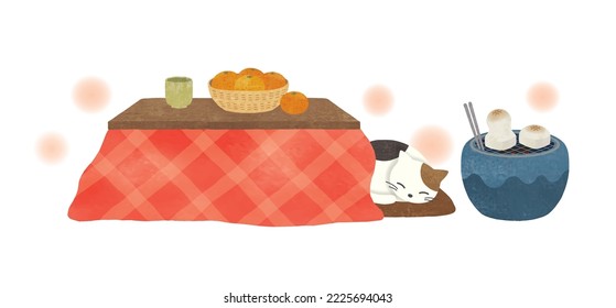 Kotatsu and brazier and a cat in Japanese room