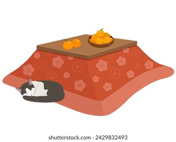 Kotatsu, mandarin oranges and cat