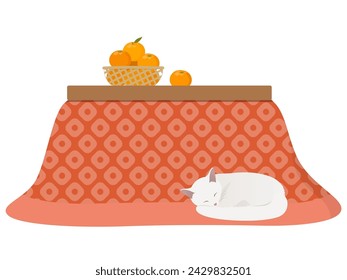 Kotatsu, mandarin oranges and cat