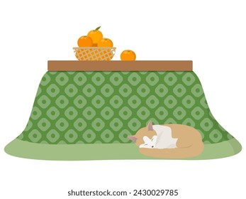 Kotatsu, mandarin oranges and cat