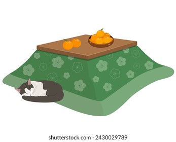 Kotatsu, mandarin oranges and cat