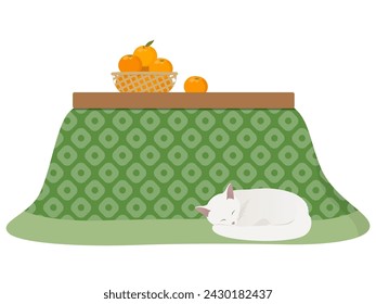 Kotatsu, mandarin oranges and cat